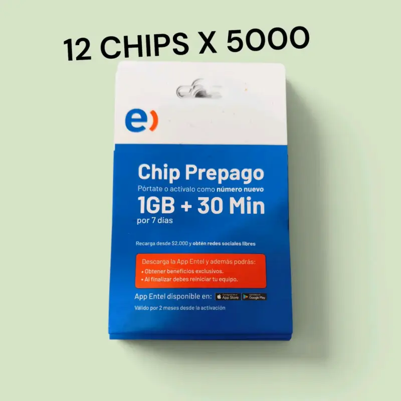 Pack de 12 Chips Prepago Entel 1GB + 30 Min - 1