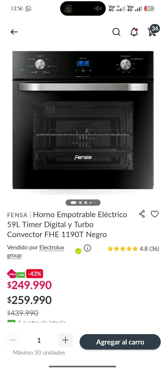 Horno Empotrable Eléctrico Fensa 59L Negro