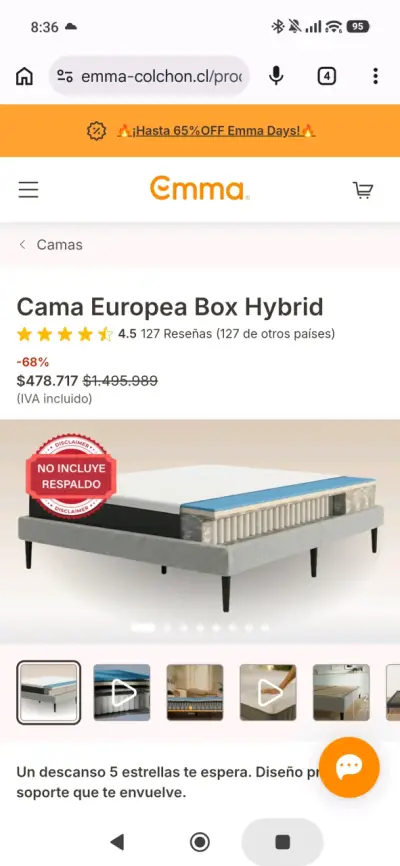 Cama Europea Box Hybrid Emma 2 Plazas - miniatura 1