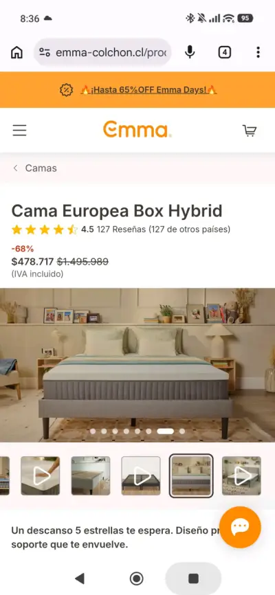 Cama Europea Box Hybrid Emma 2 Plazas - miniatura 2