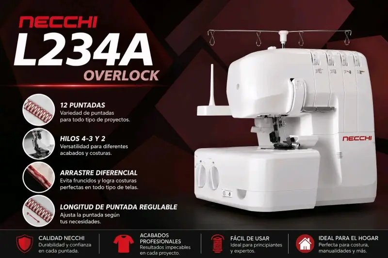 Máquina Overlock Necchi L234A con 12 Puntadas