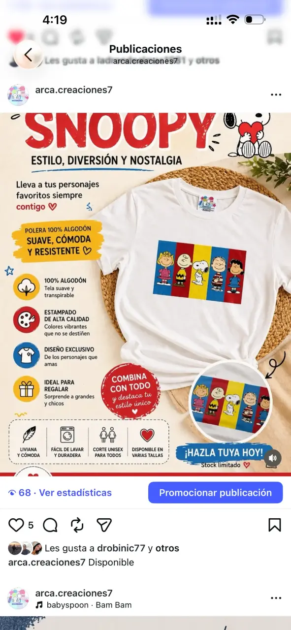 Polera Snoopy 100% Algodón Unisex