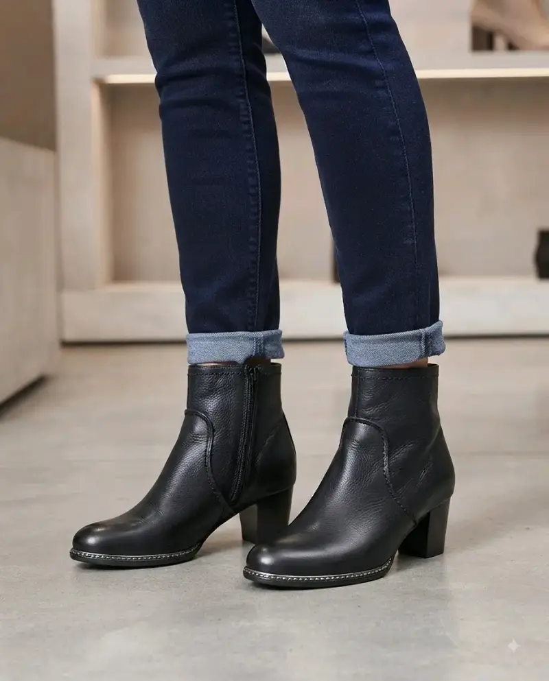Botines de cuero negro con tacón para mujer - 2