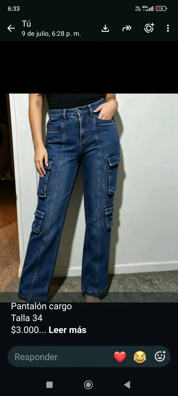 Pantalón cargo de mezclilla azul talla 34