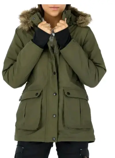 Parka verde con capucha de piel sintética para mujer - miniatura 1