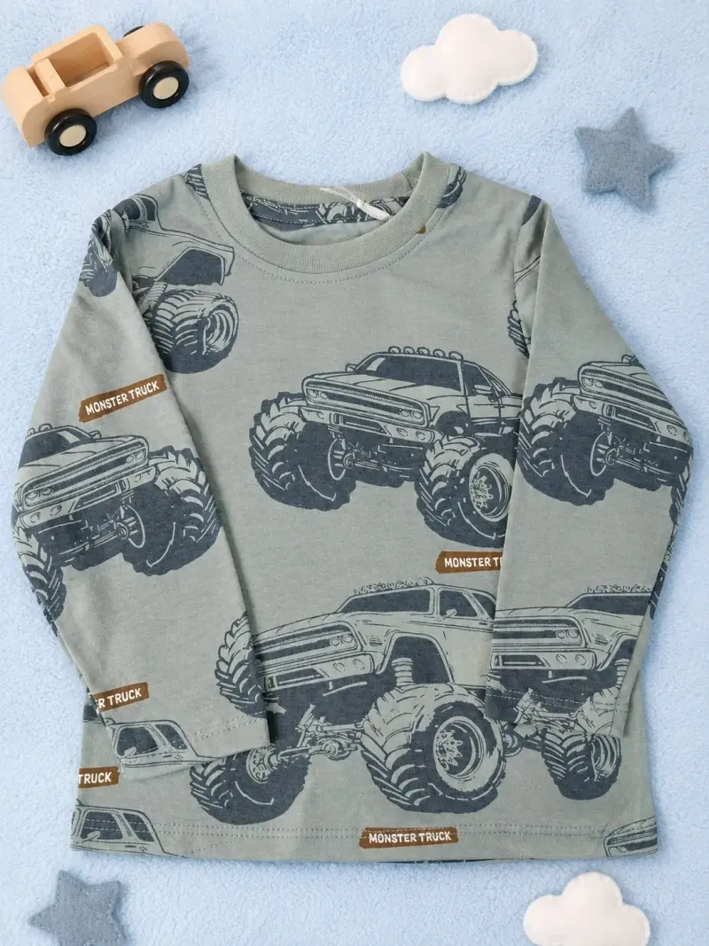 Polera manga larga para niño con diseño de monster trucks