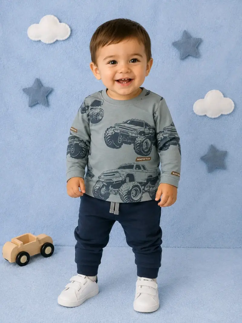 Polera manga larga para niño con diseño de monster trucks - 3