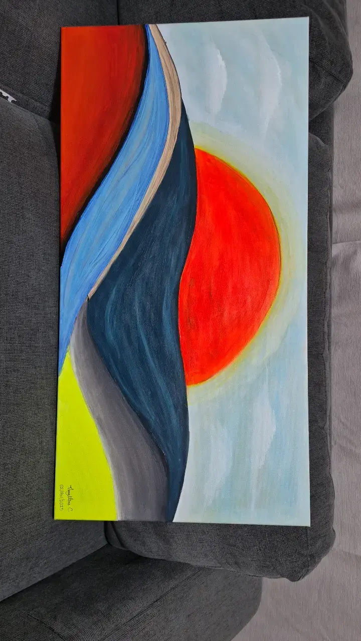 Cuadro abstracto con sol y montañas - 1