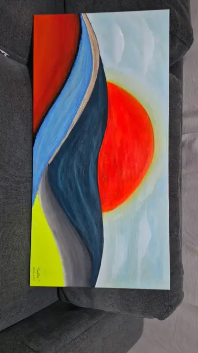 Cuadro abstracto con sol y montañas - miniatura 1