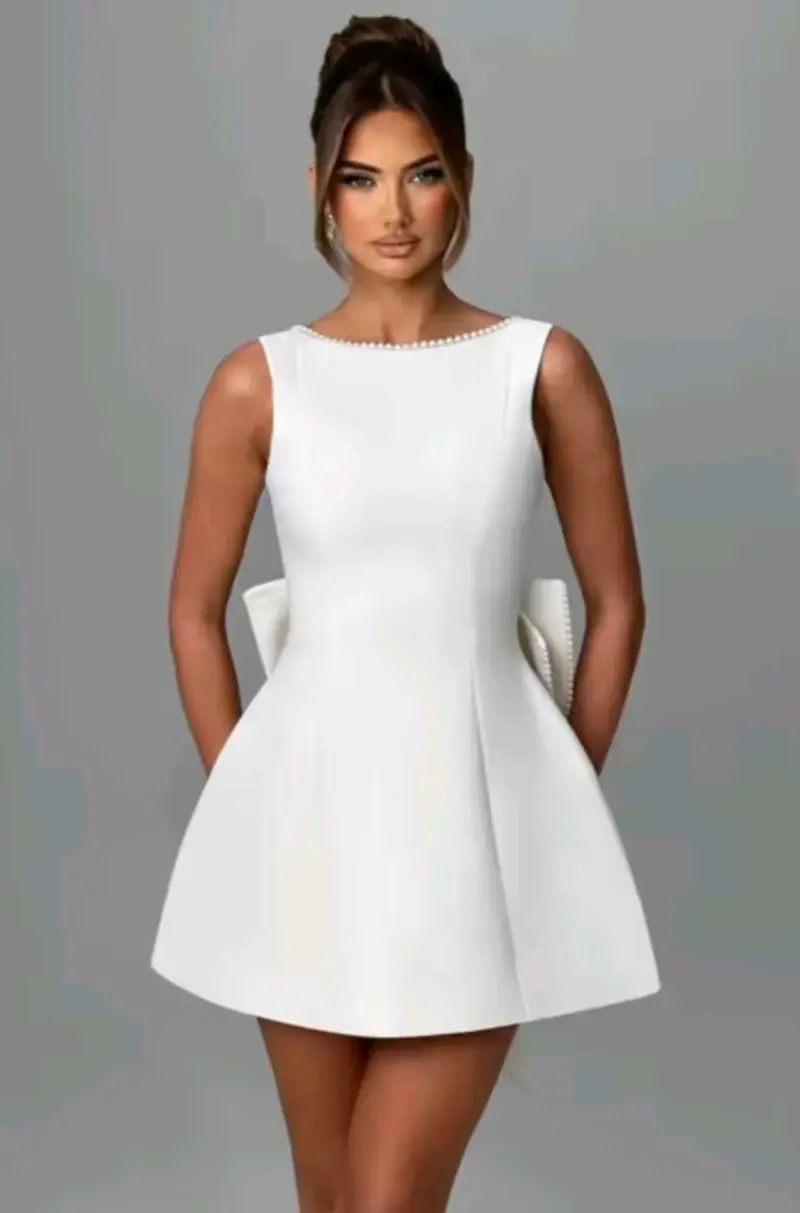 Vestido corto Novia Civil blanco con perlas y lazo - 1
