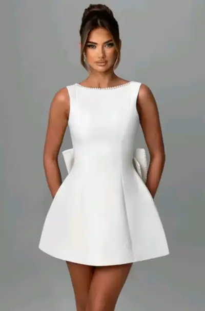Vestido corto Novia Civil blanco con perlas y lazo - miniatura 1