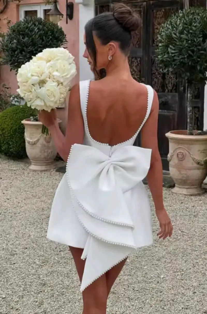 Vestido corto Novia Civil blanco con perlas y lazo - 2