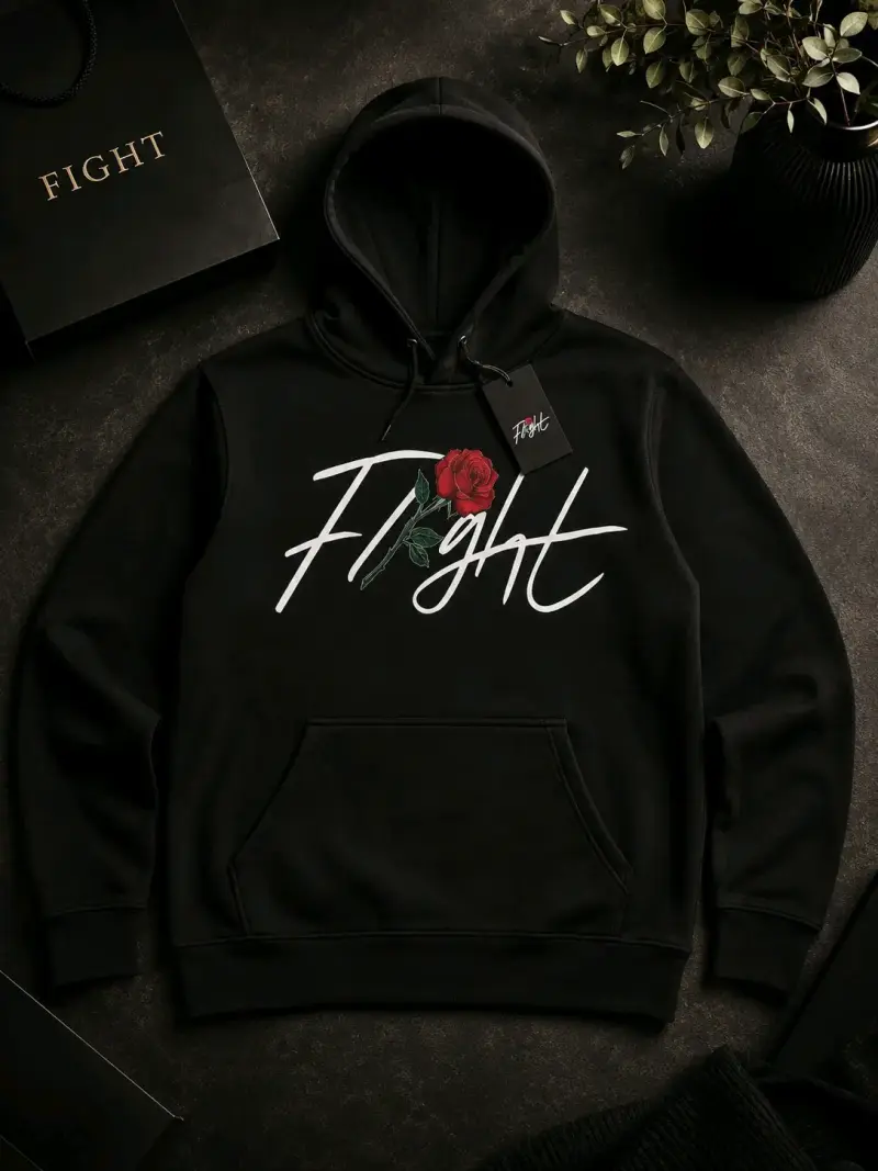 Polerón negro con capucha y diseño de rosa Fight