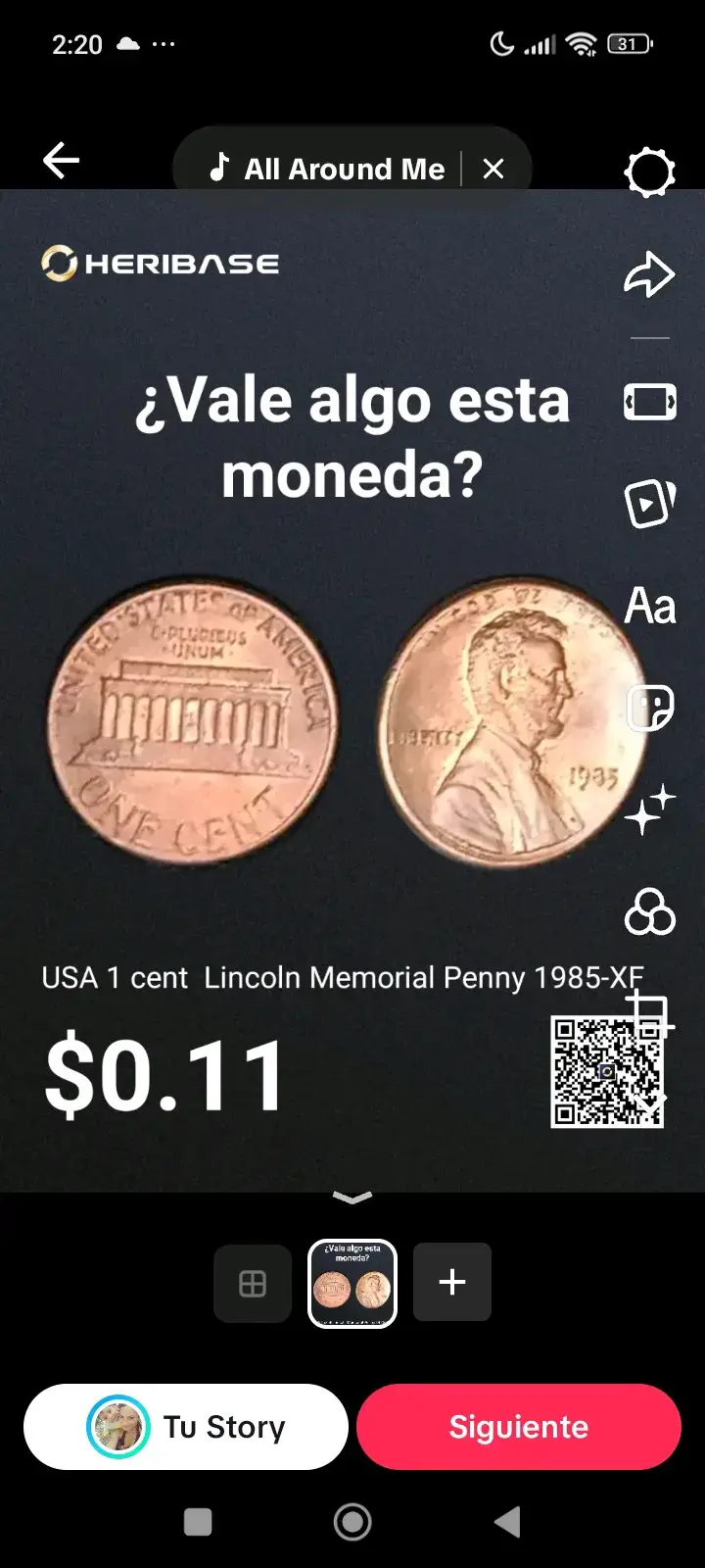 Moneda USA 1 cent Lincoln Memorial 1985 - 1