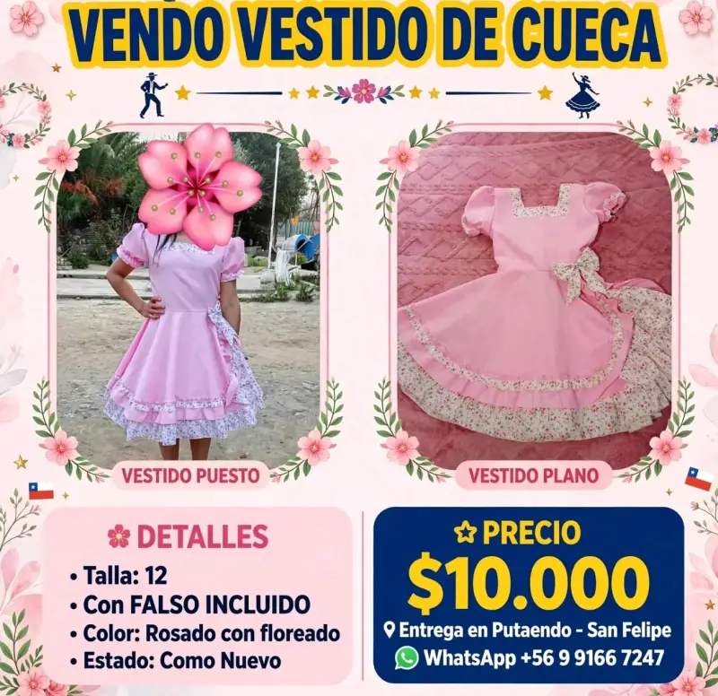 Vestido de cueca rosado con floreado