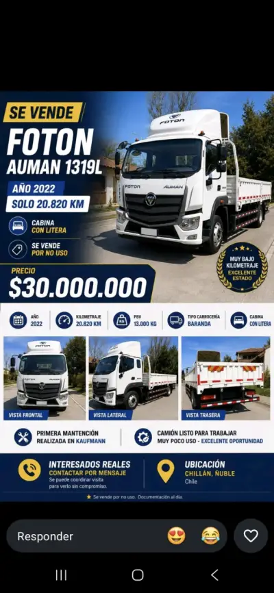 Camión Foton Auman 1319L 2022 con litera - miniatura 1