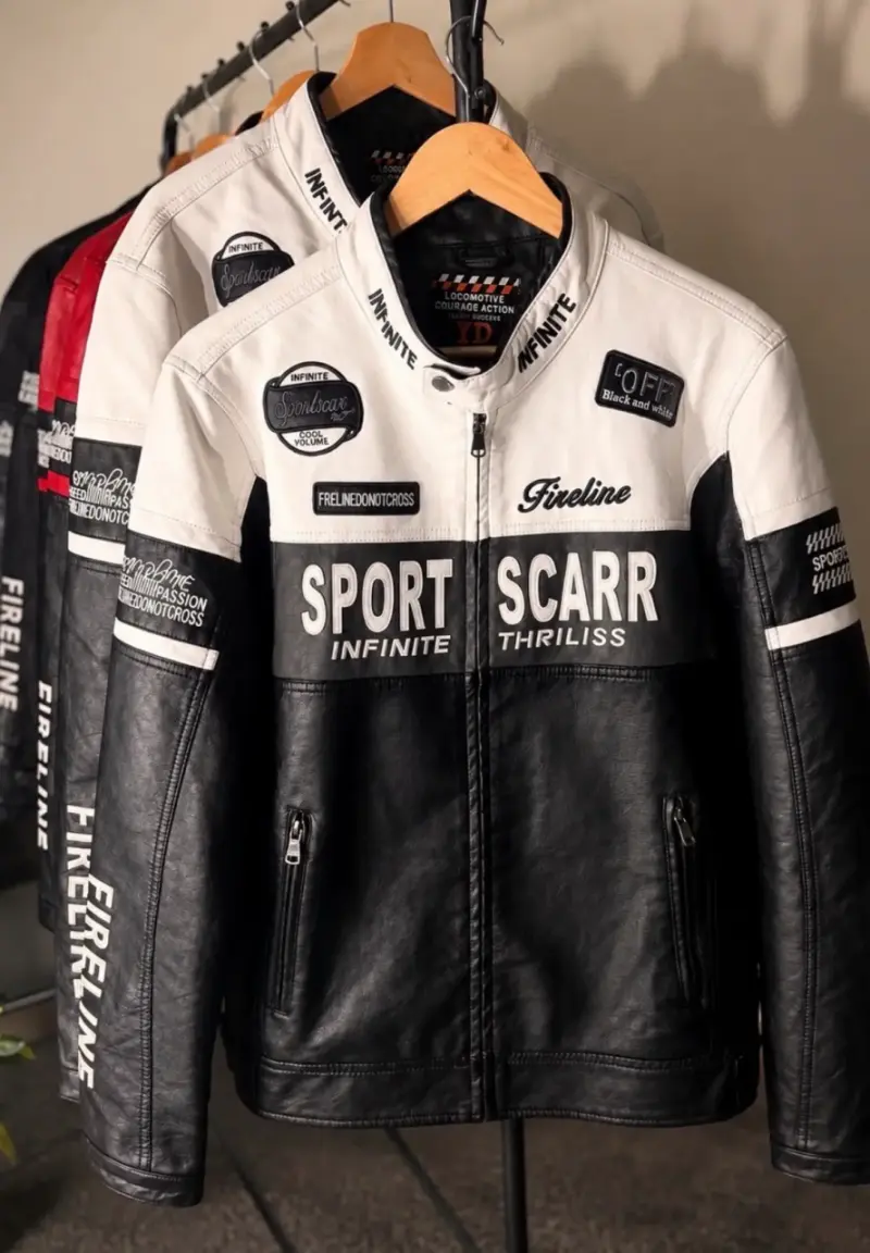🔥 Chaqueta Biker de Cuero Genuino Negra y Blanca – - 1