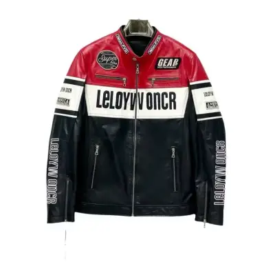 🔥 Chaqueta Biker de Cuero Genuino Negra y Blanca – - miniatura 2