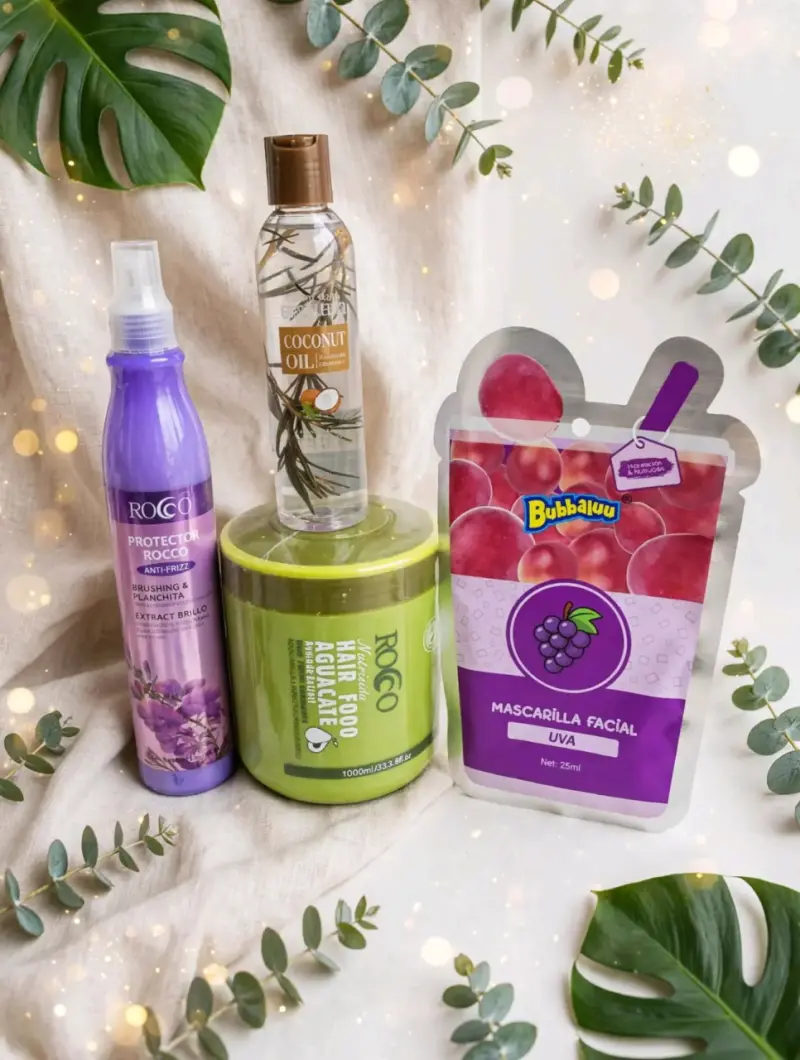 Set de cuidado capilar y facial con aceite de coco y mascarilla de uva