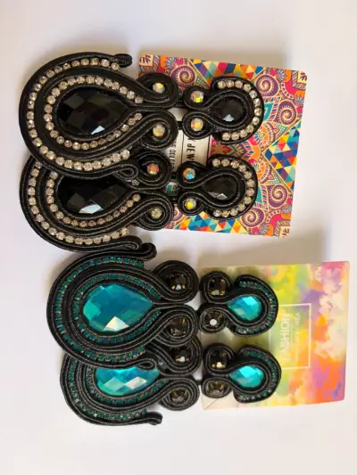 Pendientes artesanales con piedras negras y turquesas - miniatura 4