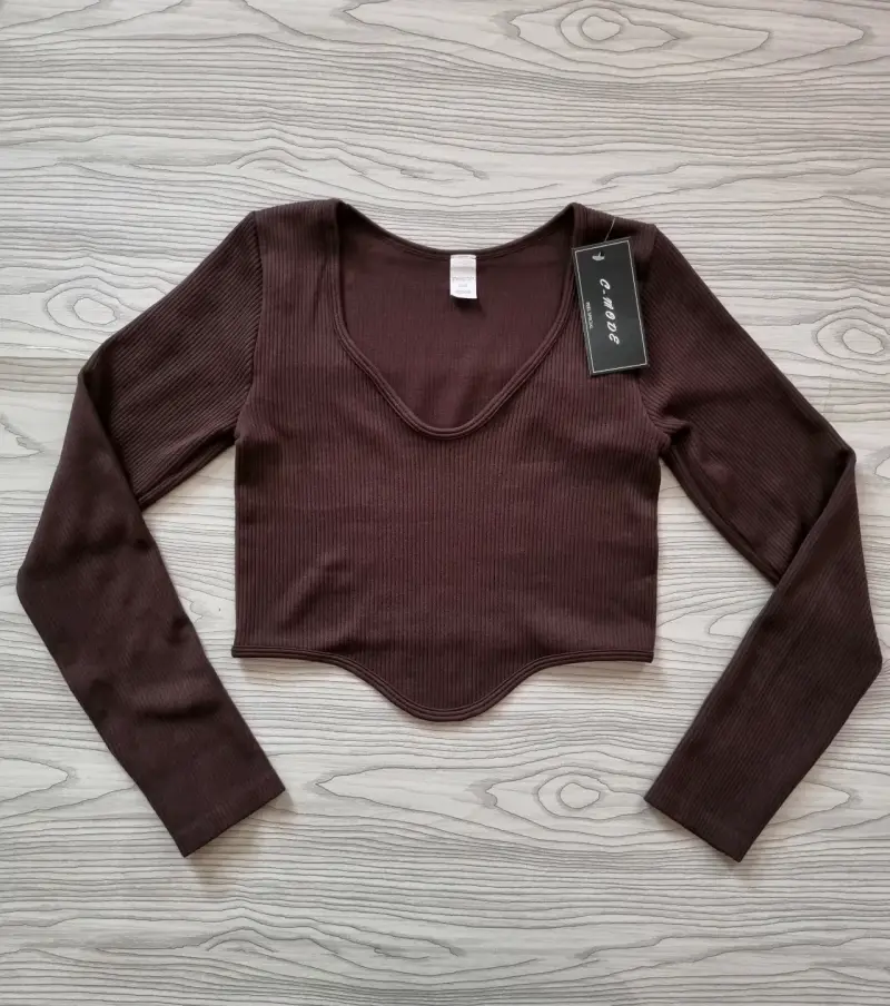Polera manga larga marrón de canalé - 1
