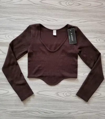 Polera manga larga marrón de canalé - miniatura 1