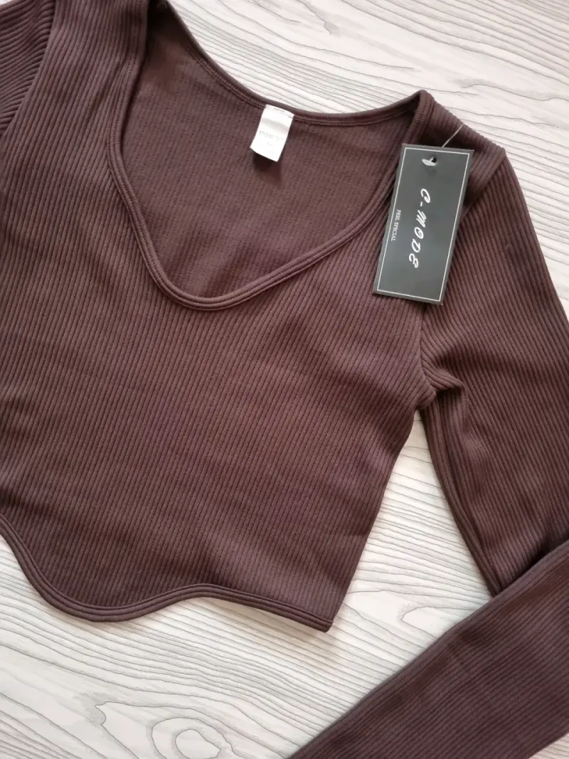 Polera manga larga marrón de canalé - 2