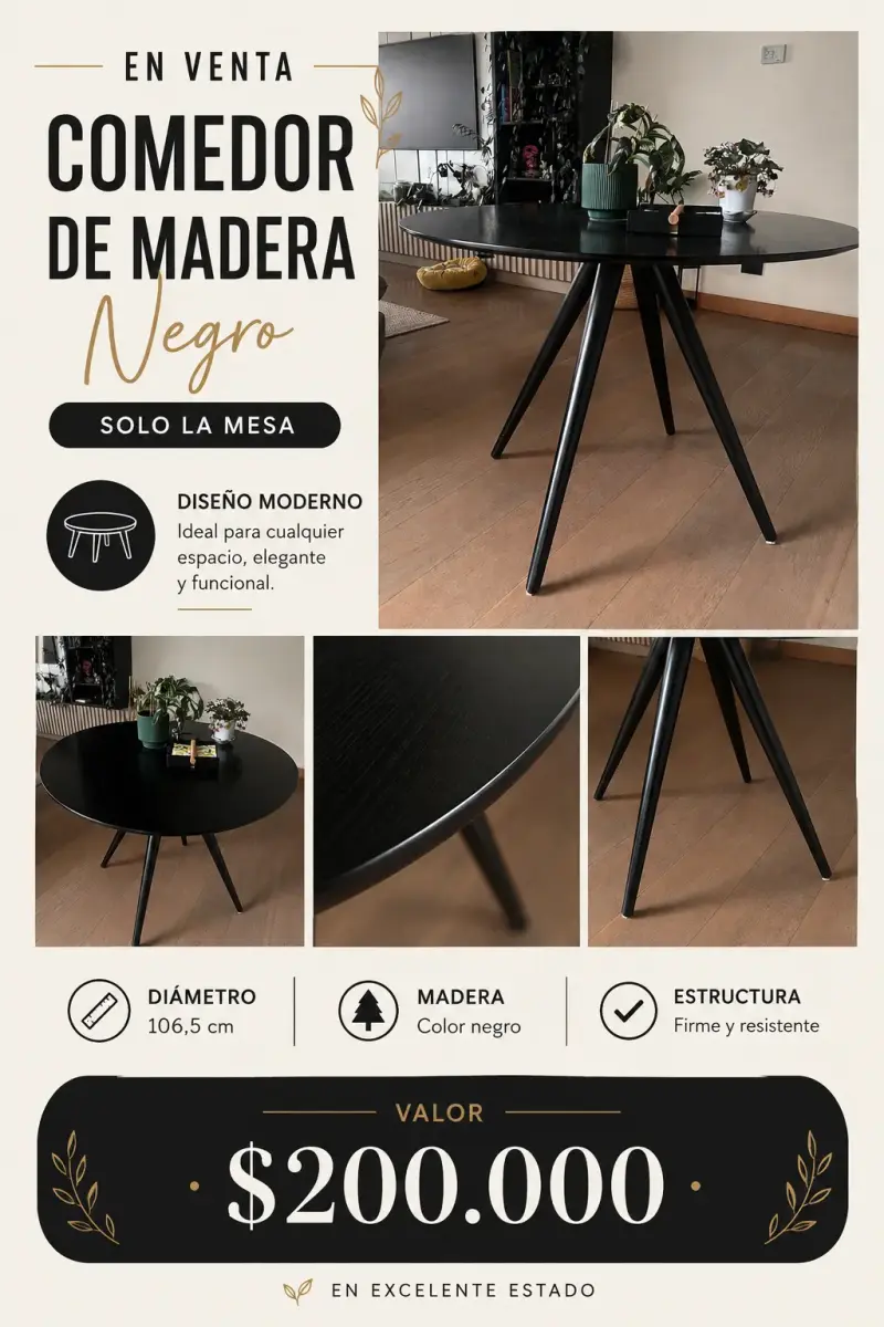 Mesa de Comedor Redonda de Madera Negra - 3