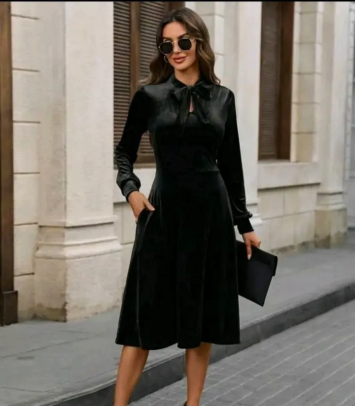 Vestido negro elegante de manga larga - 1