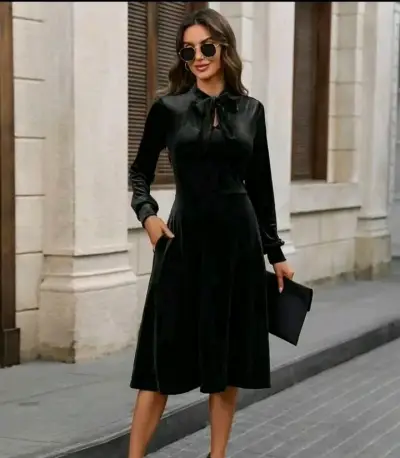Vestido negro elegante de manga larga - miniatura 1