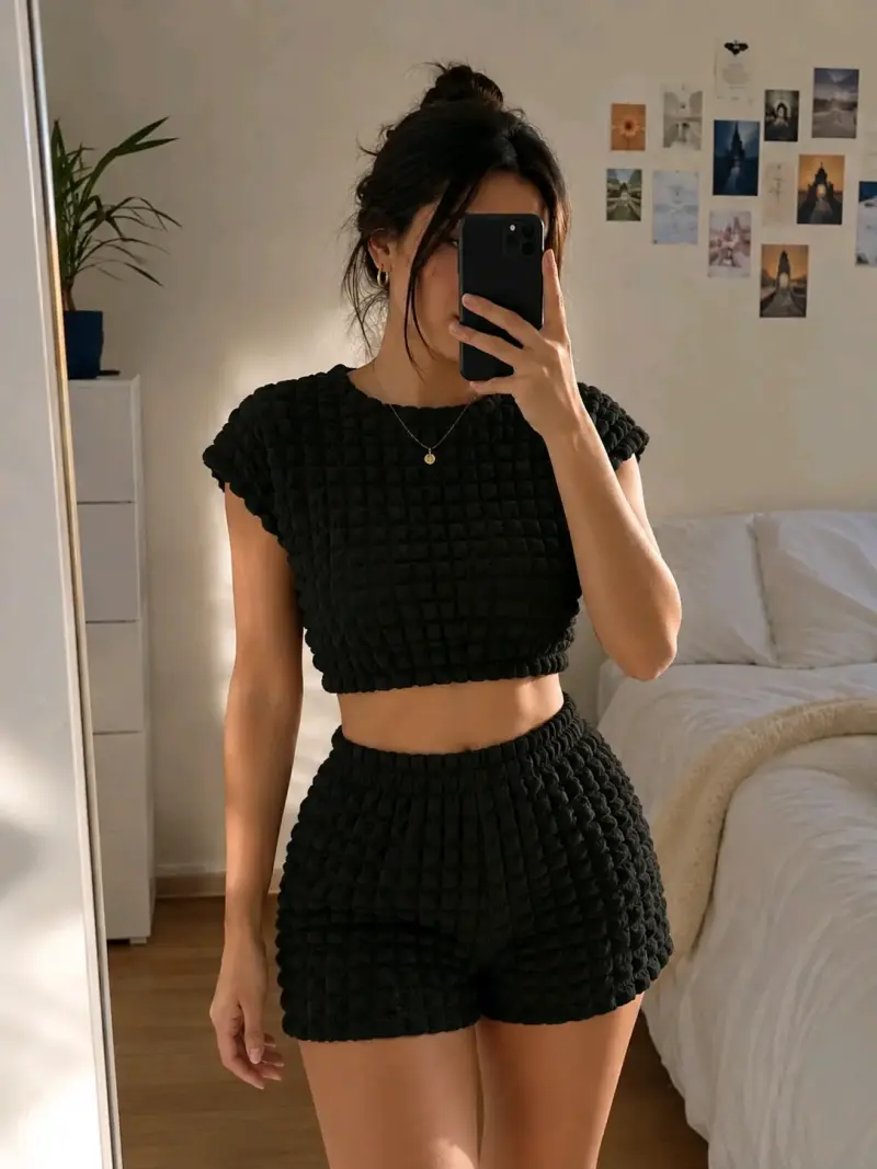 Conjunto de dos piezas negro texturizado mujer - 2