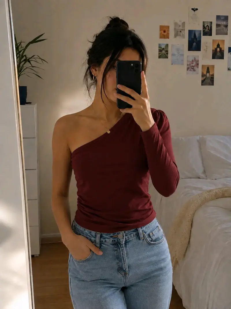 Polera asimétrica burdeos de un solo hombro - 2