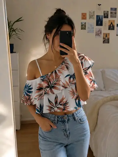 Top de un solo hombro con estampado tropical - miniatura 2