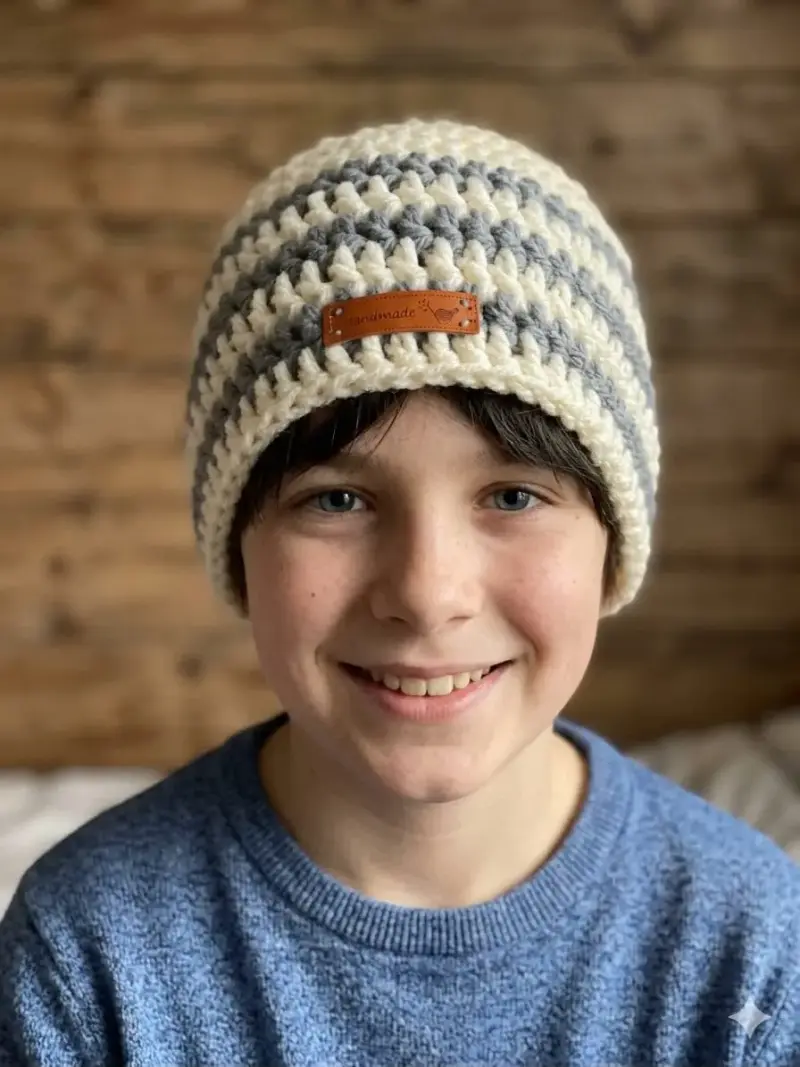 Gorro tejido a crochet blanco y gris - 1