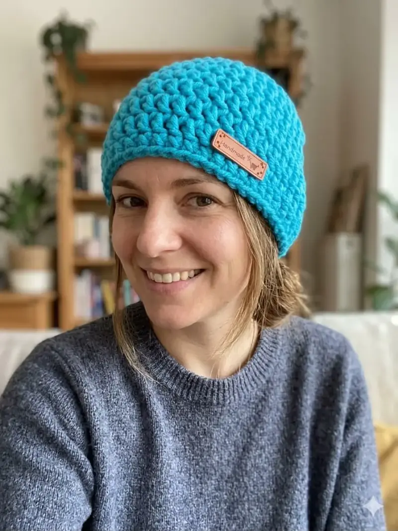 Gorro tejido a mano color turquesa - 1