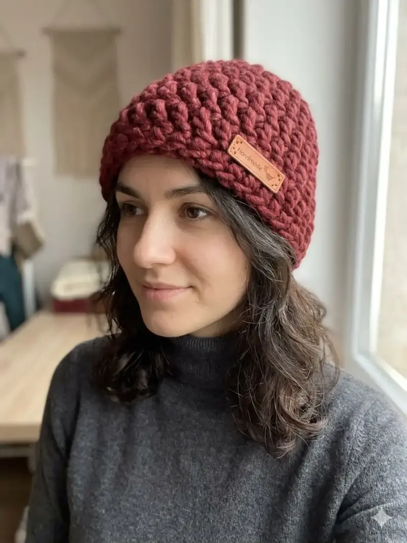 Gorro tejido a mano color burdeos - 1