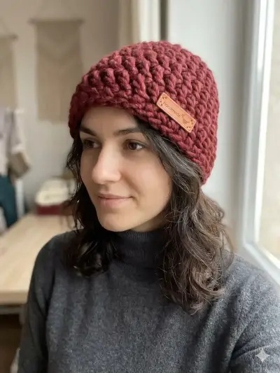 Gorro tejido a mano color burdeos - miniatura 1