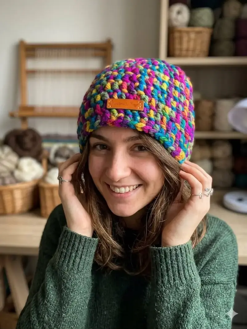 Gorro tejido a mano multicolor para invierno - 1