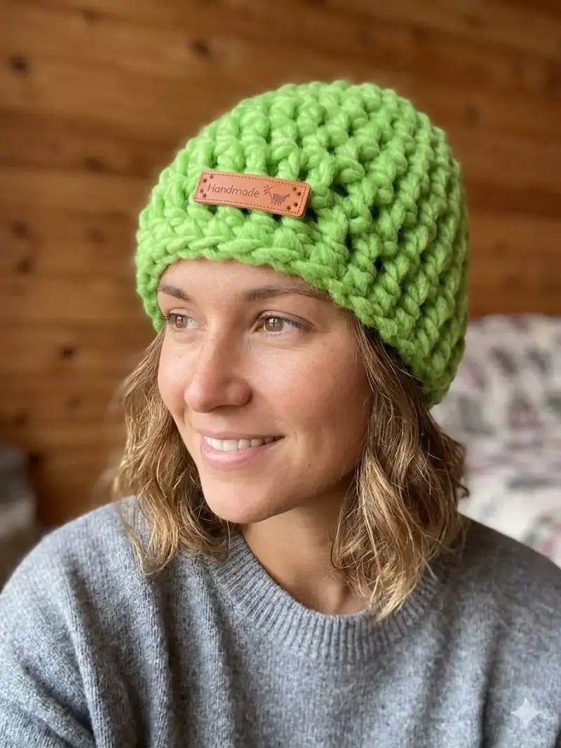 Gorro tejido a mano verde brillante - 1