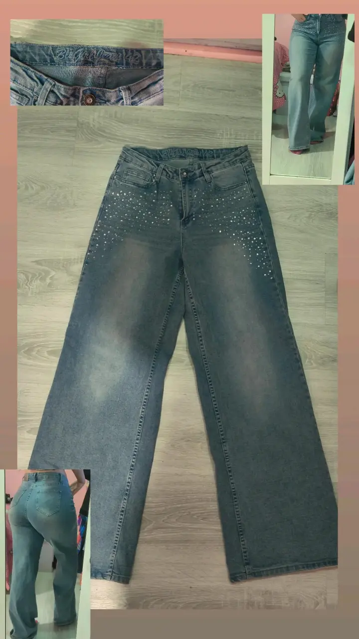 Jeans anchos con detalles brillantes para mujer