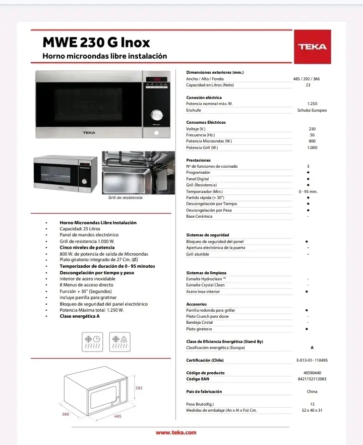 Horno microondas Teka MWE 230 G Inox con grill - 1