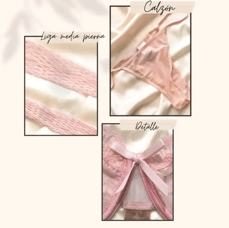 Conjunto de lencería rosa con encaje - 2