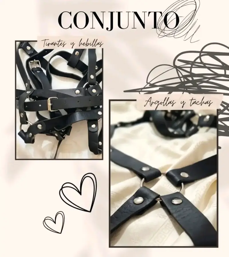 Arnés de cuero negro con hebillas y tachas - 2
