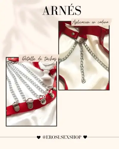 Arnés de cuero rojo con cadenas y tachas - miniatura 2