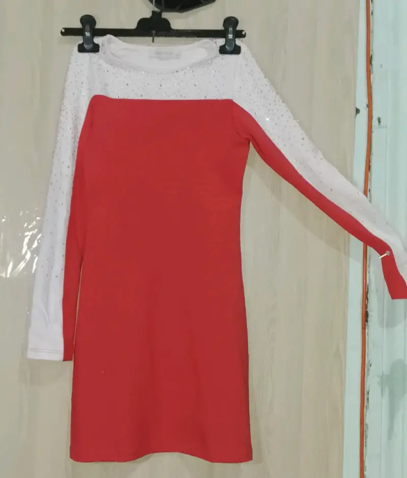Vestido rojo con mangas largas brillantes