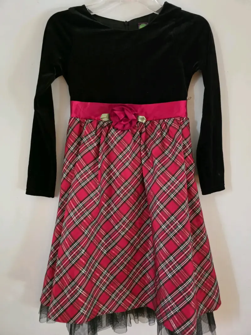 Vestido de niña con diseño escocés y lazo - 2