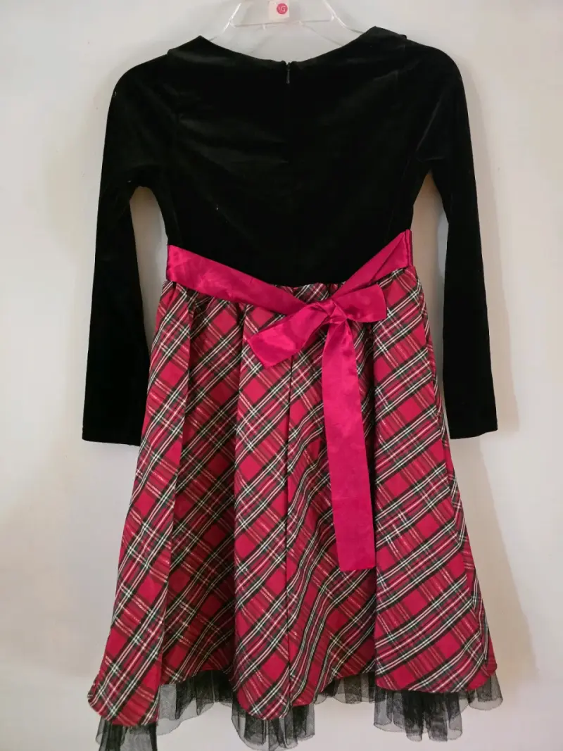 Vestido de niña con diseño escocés y lazo - 3