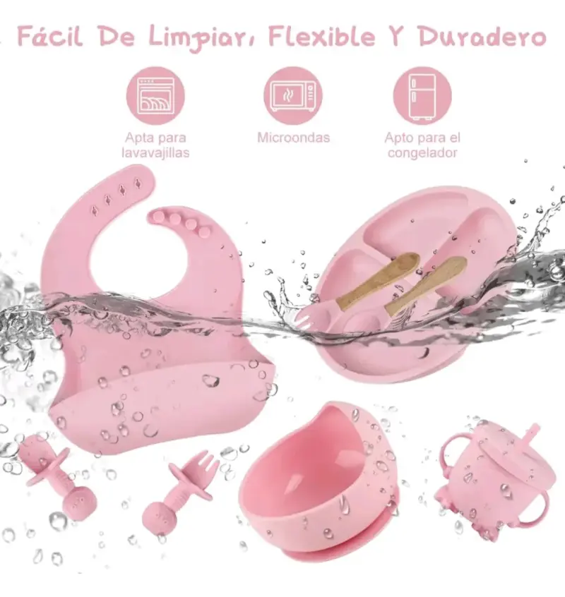 Set de alimentación para bebé de silicona rosa - 4