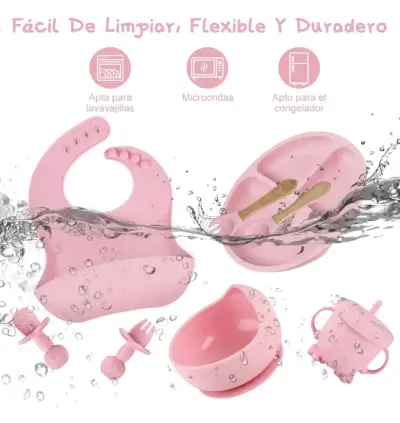 Set de alimentación para bebé de silicona rosa - miniatura 4