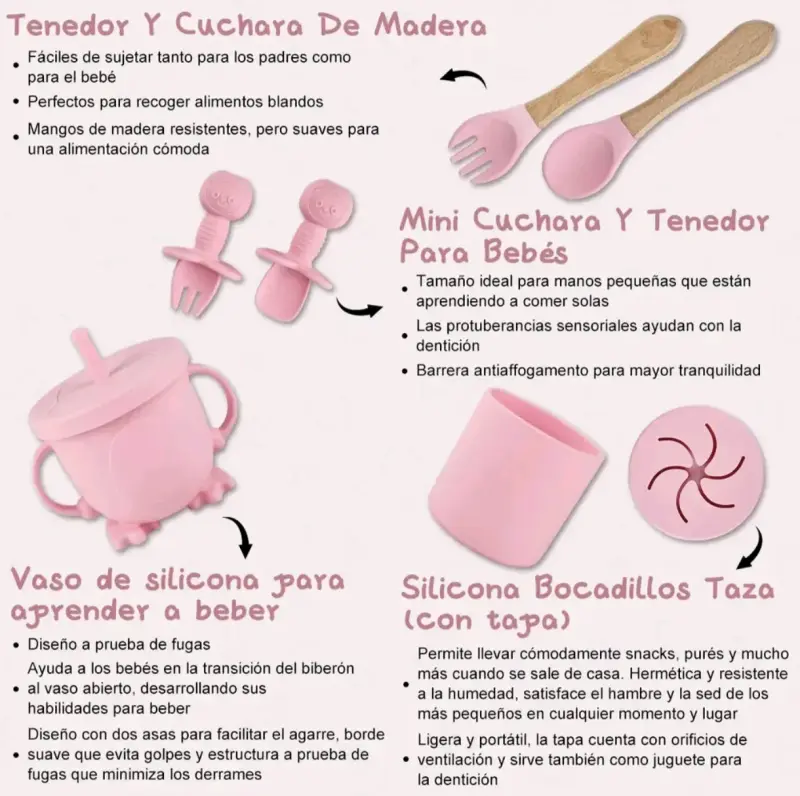 Set de alimentación para bebé de silicona rosa - 6
